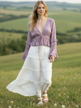 Love Tree Dusty Mauve Tie-Waist Peplum Blouse Size Small Boho Hippie Fairycore